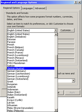 Regional and Language Options Control Panel